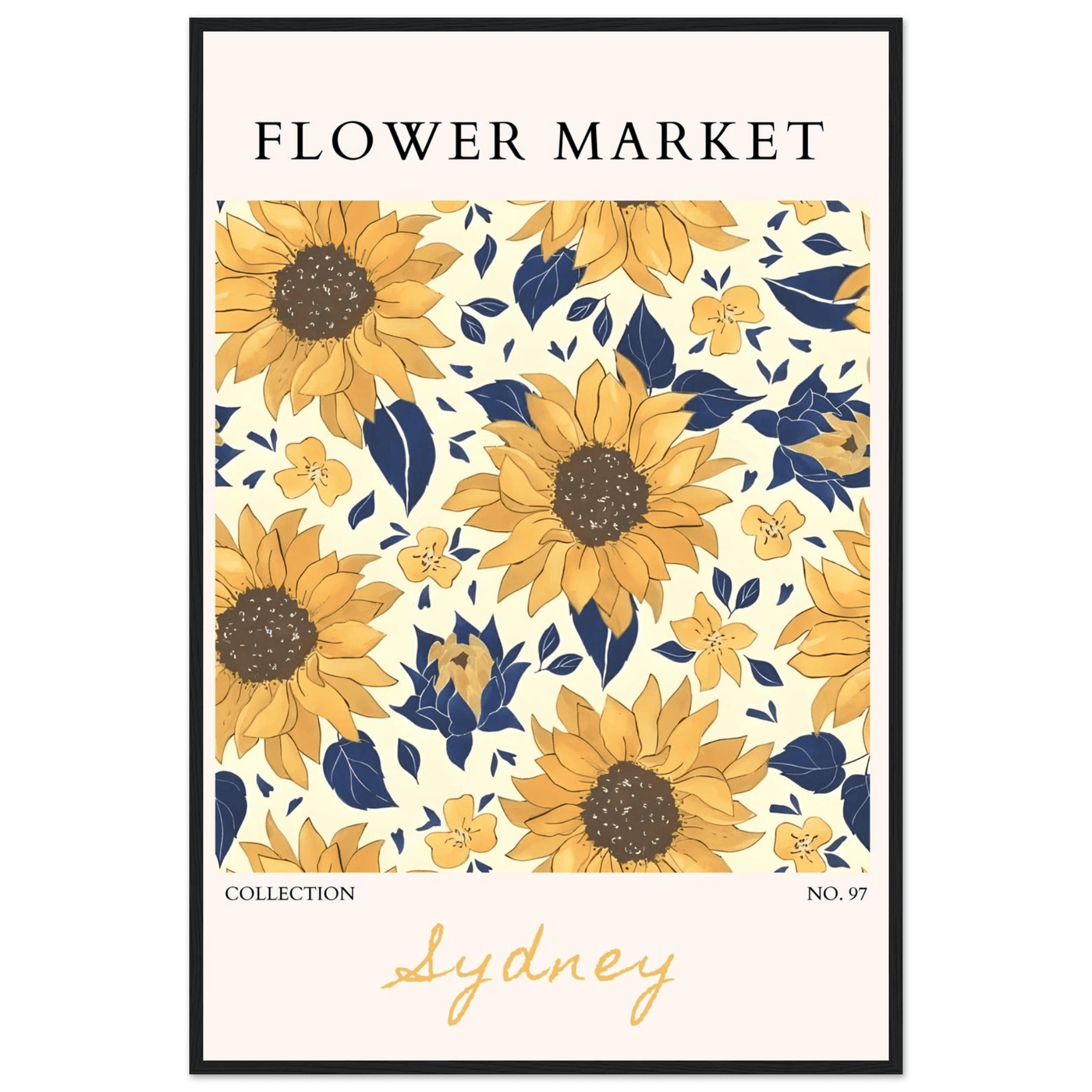 Vibrant Sunflower & Navy Floral Framed Poster – 'Flower Market Sydney' Collection | Ready-to-Hang Wall Art - Vibrantwalls