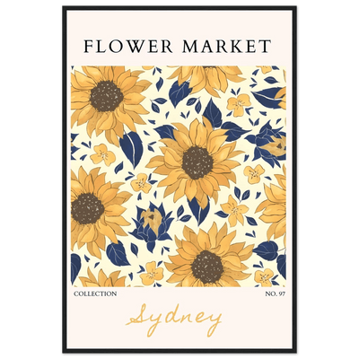 Vibrant Sunflower & Navy Floral Framed Poster – 'Flower Market Sydney' Collection | Ready-to-Hang Wall Art - Vibrantwalls