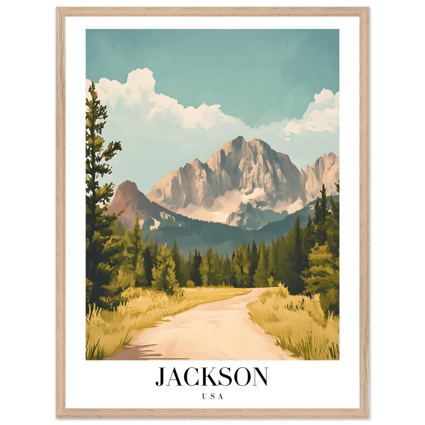 Jackson USA Mountain Landscape Framed Poster – Vintage Travel Wall Art with Wooden Frame - Vibrantwalls