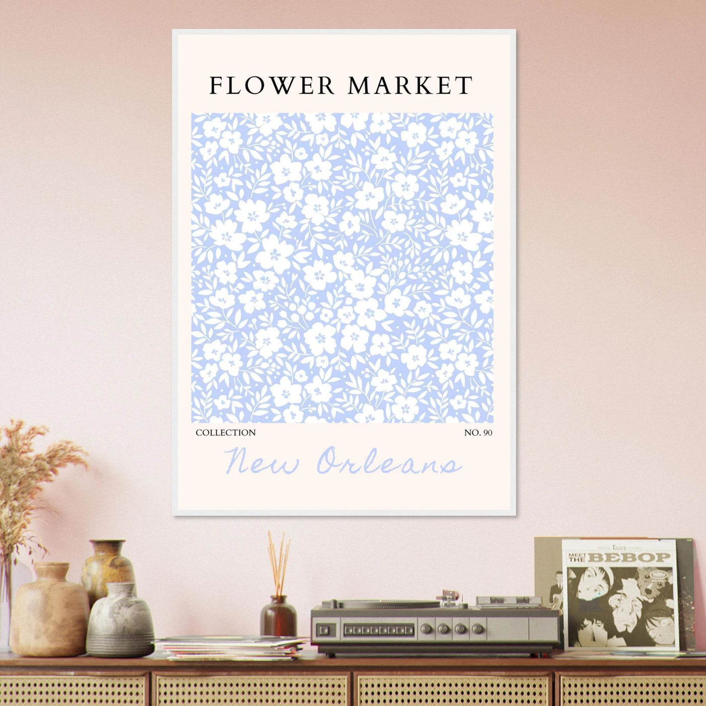 Flower Market New Orleans – Chic Periwinkle Floral Framed Poster | Ready-to-Hang Wall Art - Vibrantwalls