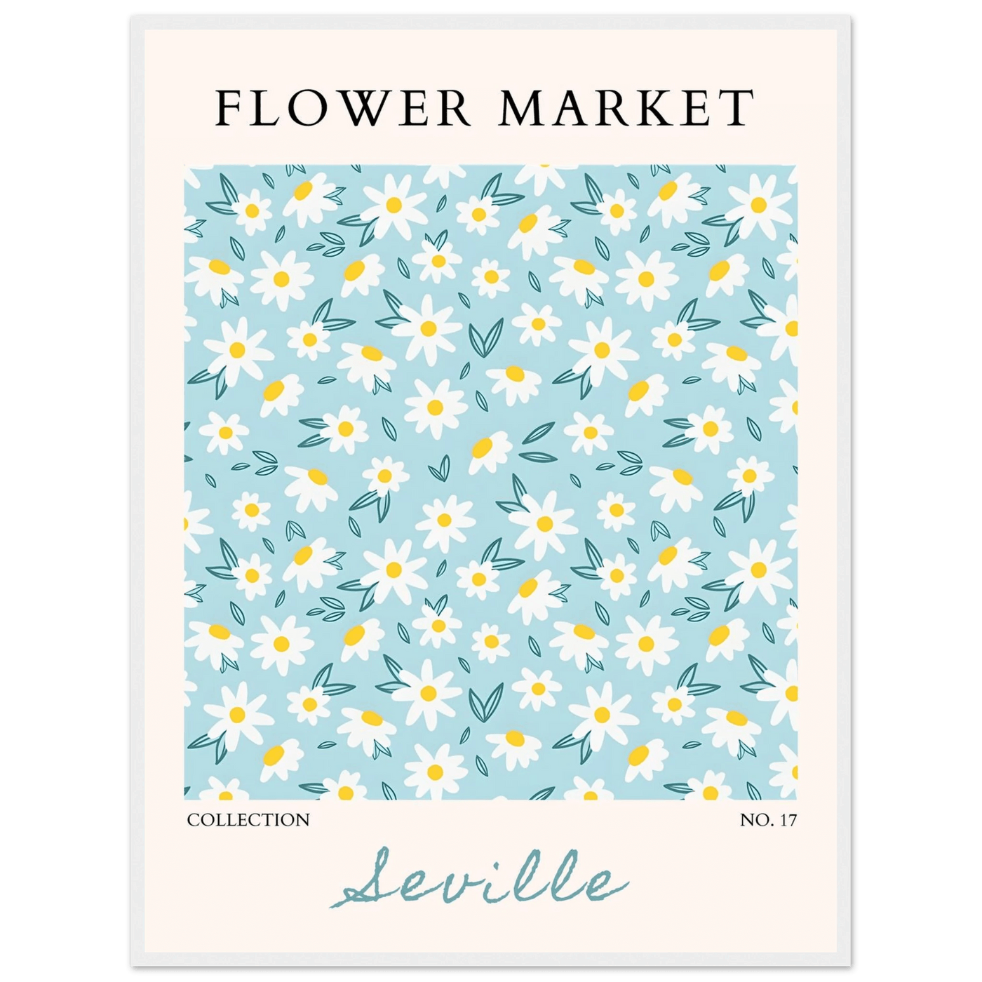 Charming Daisy Field Framed Poster – Pastel Blue & White Floral Art Print | Ready-to-Hang Wall Decor - Vibrantwalls