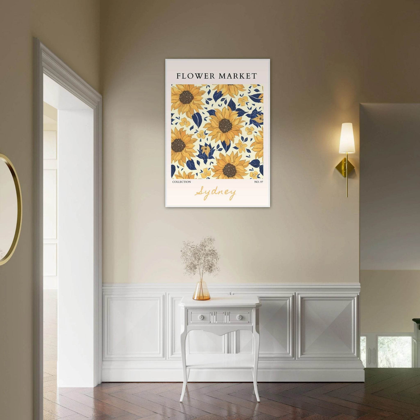 Vibrant Sunflower & Navy Floral Framed Poster – 'Flower Market Sydney' Collection | Ready-to-Hang Wall Art - Vibrantwalls