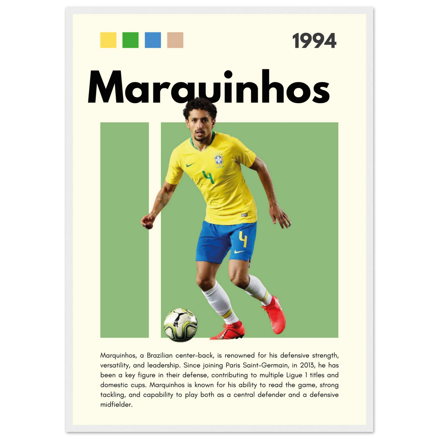 Marquinhos Brazil Football Framed Poster – Iconic Soccer Art Print for Fans 50x70 cm 20x28″ White frame Vibrantwalls