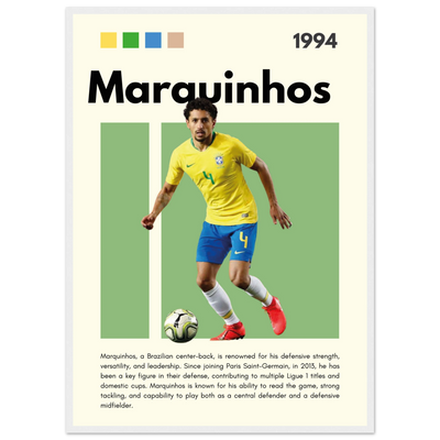 Marquinhos Brazil Football Framed Poster – Iconic Soccer Art Print for Fans 50x70 cm 20x28″ White frame Vibrantwalls