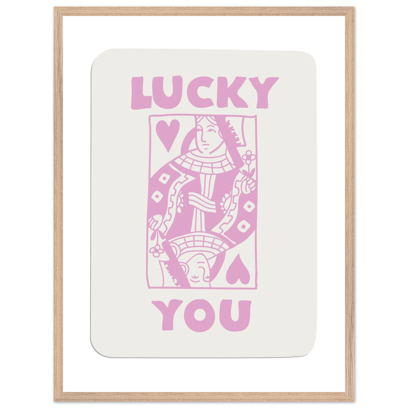 Lucky You Poker Card Art Print - Queen of Hearts Framed Poster, Pink & Cream Aesthetic Decor - Vibrantwalls