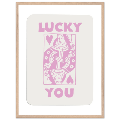 Lucky You Poker Card Art Print - Queen of Hearts Framed Poster, Pink & Cream Aesthetic Decor - Vibrantwalls