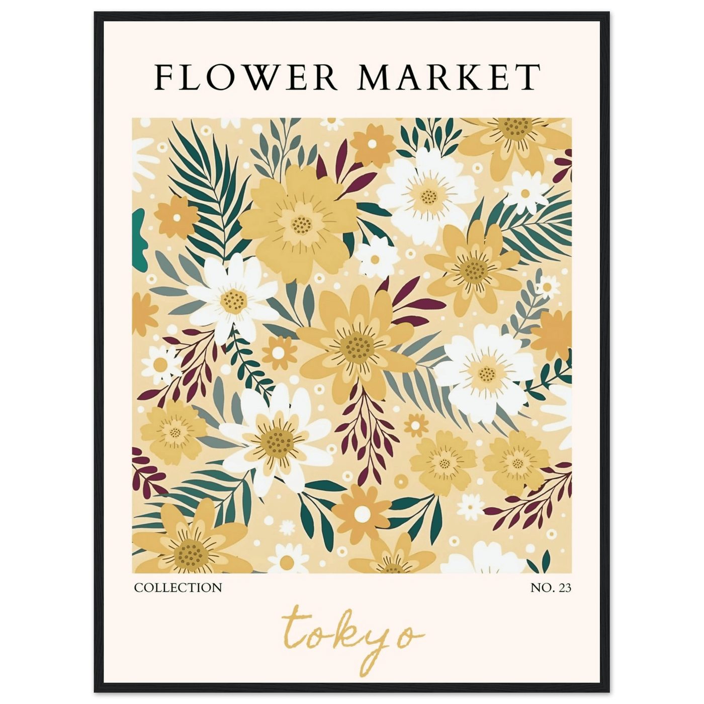Tokyo Flower Market Framed Poster – Botanical Golden & White Floral Print | Ready-to-Hang Wall Art - Vibrantwalls