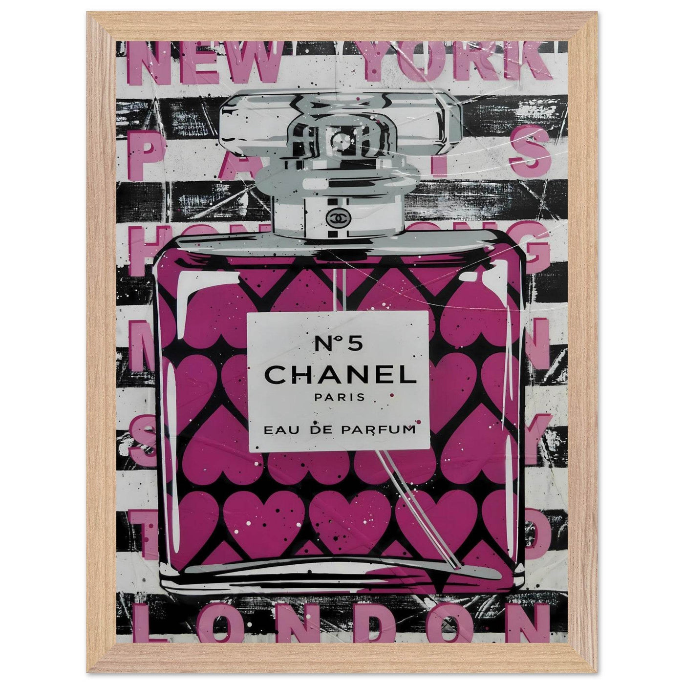 Chanel No. 5 Pink Hearts Pop Art Print in Premium Mounted Frame - Vibrantwalls