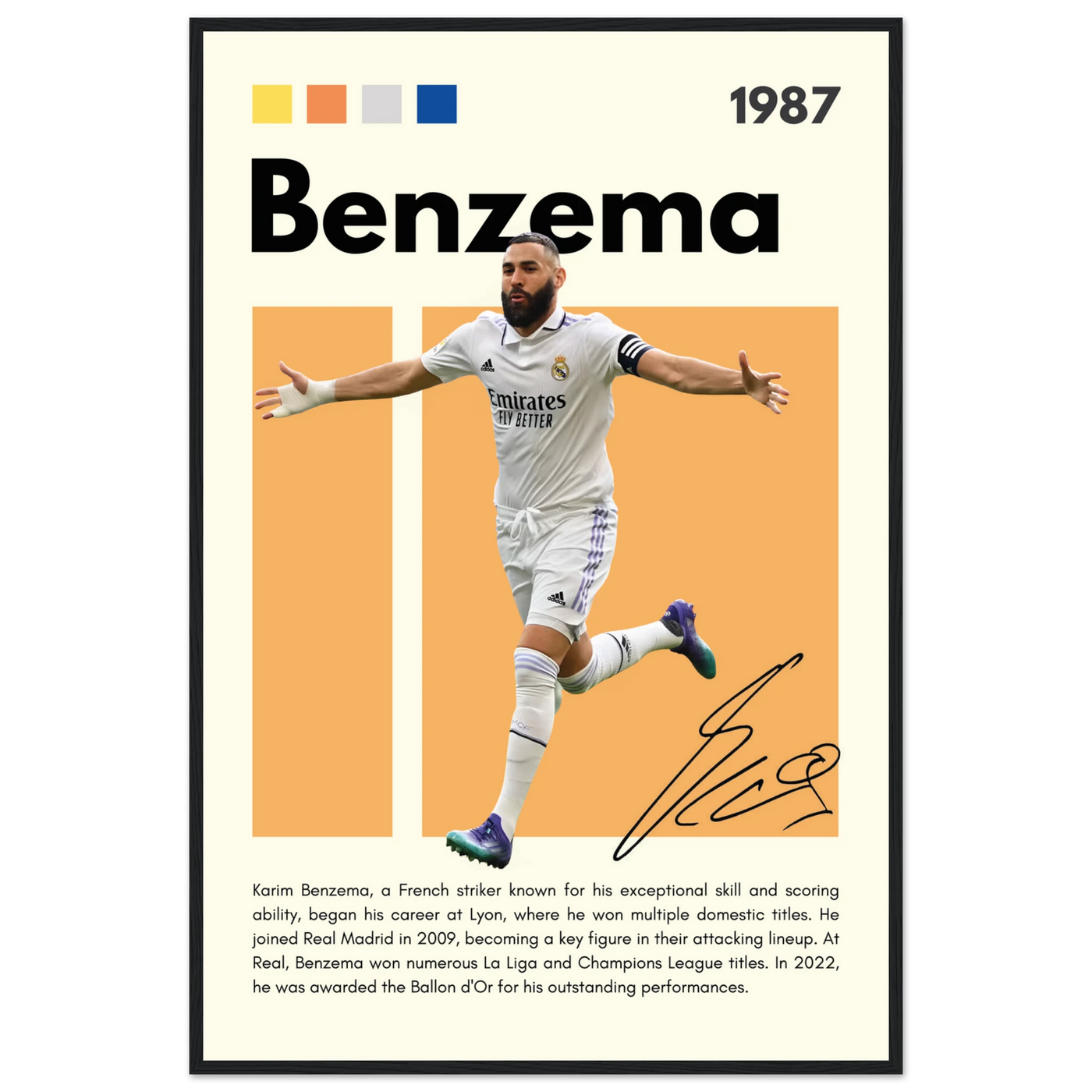 Karim Benzema Real Madrid Soccer Framed Poster – Modern Football Art Print with Signature Detail 60x90 cm 24x36″ Black frame Vibrantwalls