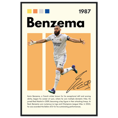 Karim Benzema Real Madrid Soccer Framed Poster – Modern Football Art Print with Signature Detail 60x90 cm 24x36″ Black frame Vibrantwalls