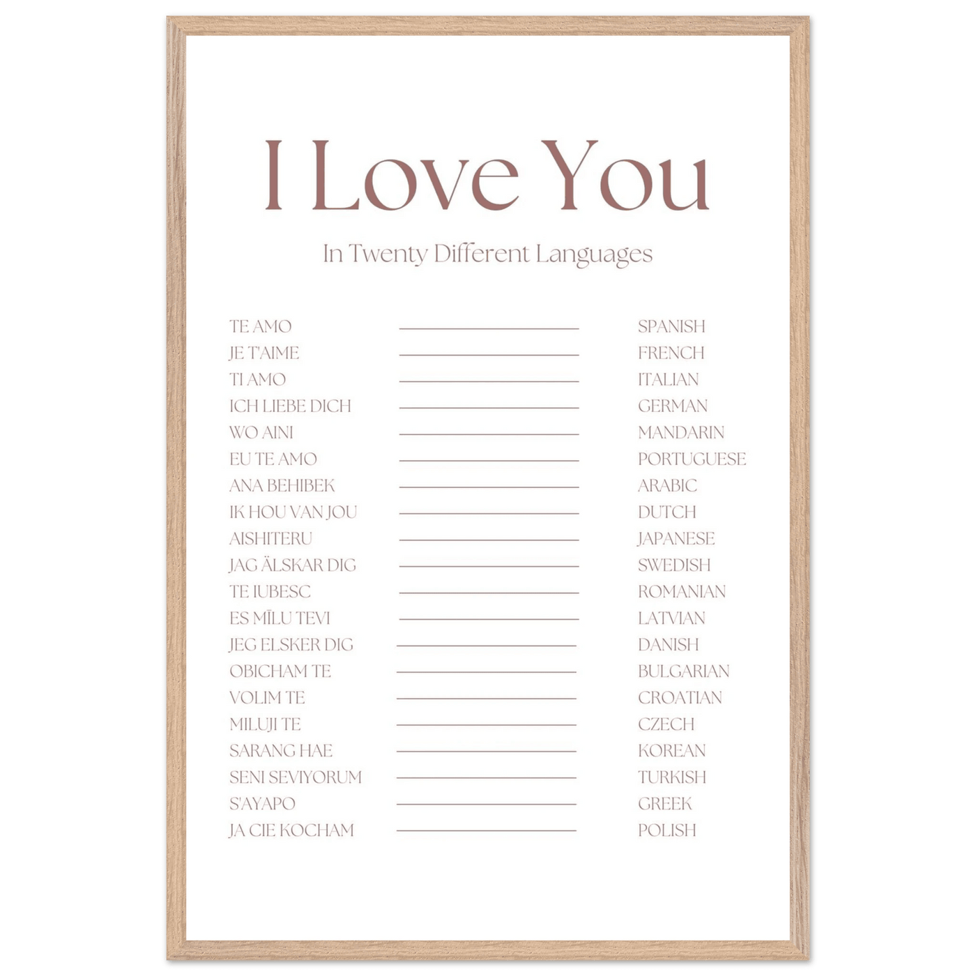 I Love You in 20 Languages - Mounted Framed Art Print, Eco-Friendly Wood Frame in Your Choice of Style - Vibrantwalls