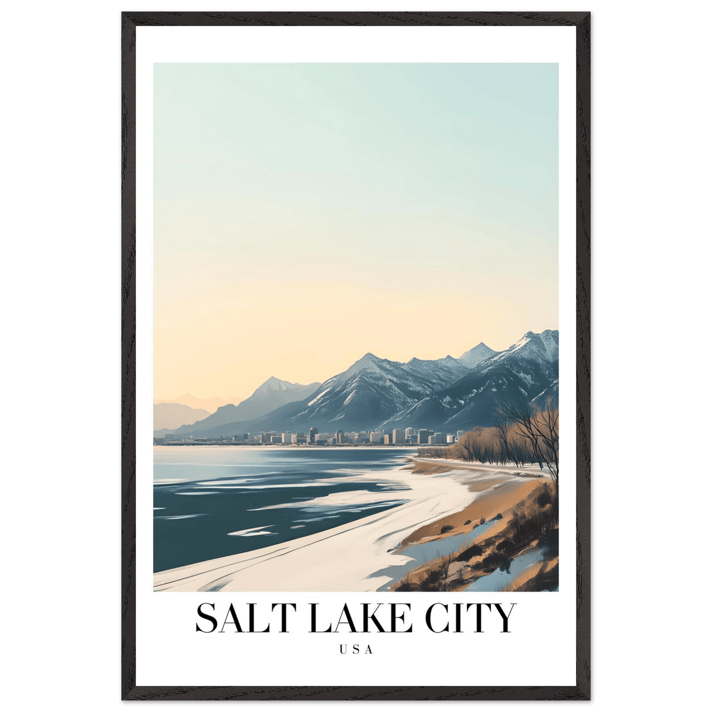 Salt Lake City Framed Poster – Modern Winter Landscape Art with Wood Frame - Vibrantwalls