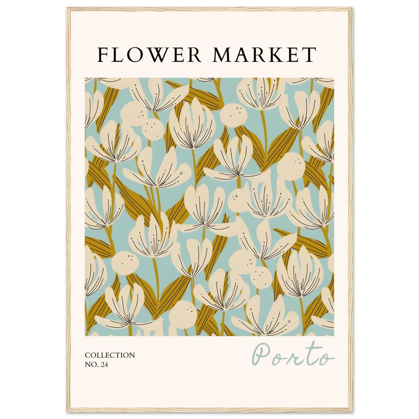 Flower Market Porto Abstract Floral Framed Poster | Calming Blue & Gold Botanical Art Print, Ready-to-Hang - Vibrantwalls