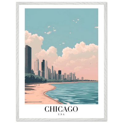 Chicago Lakeside View Framed Poster – Pastel Cityscape Wall Art with Wooden Frame - Vibrantwalls