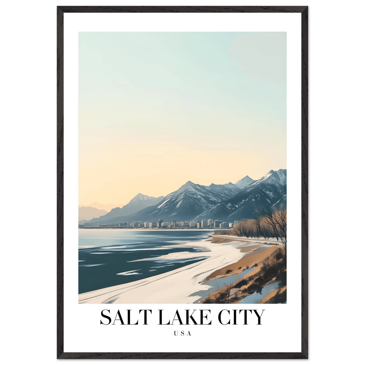 Salt Lake City Framed Poster – Modern Winter Landscape Art with Wood Frame - Vibrantwalls