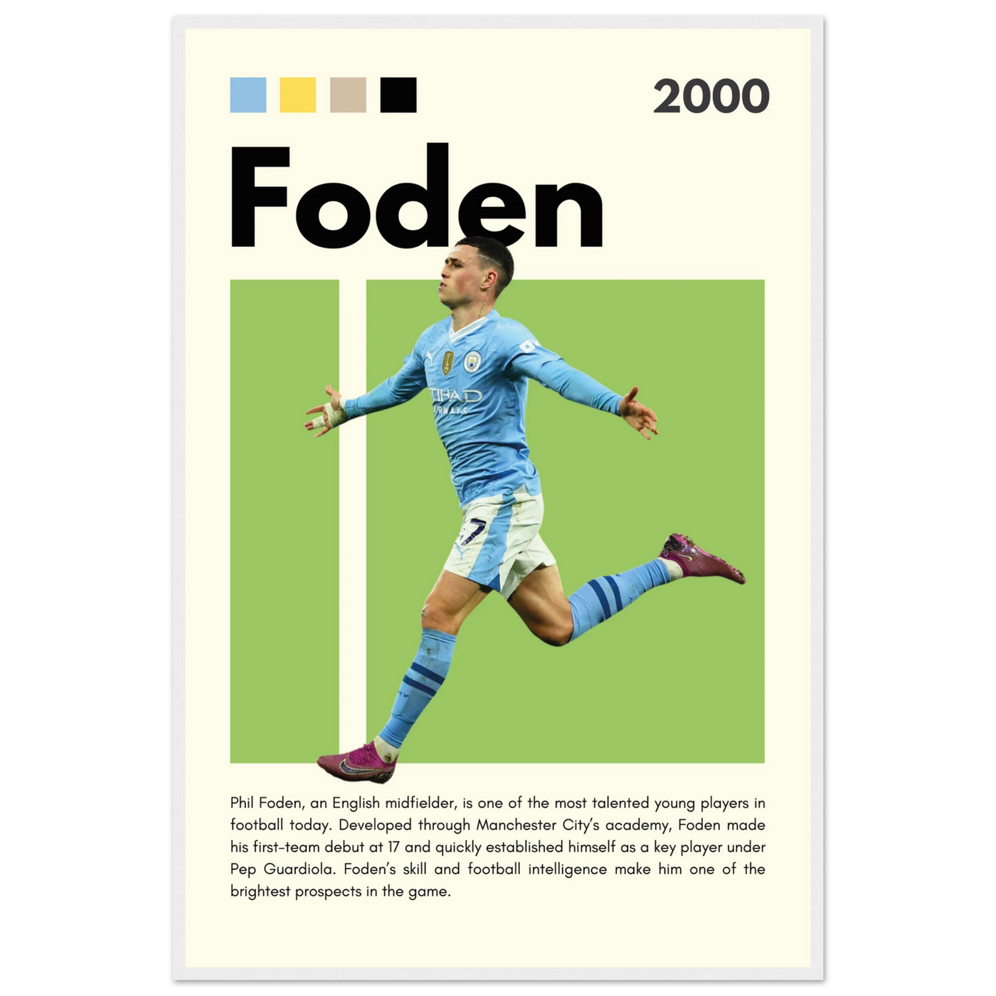 Phil Foden Manchester City Football Legend Poster 60x90 cm 24x36″ White frame Vibrantwalls