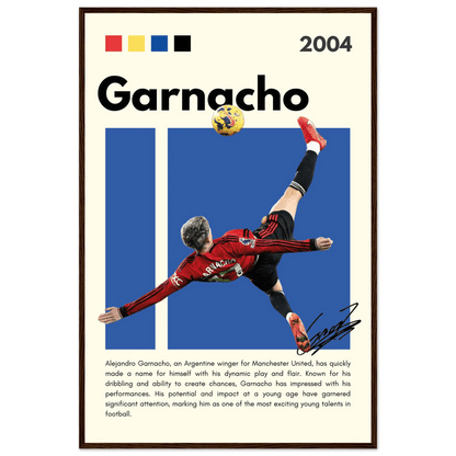 Alejandro Garnacho Manchester United Dynamic Football Poster 60x90 cm 24x36″ Dark wood frame Vibrantwalls