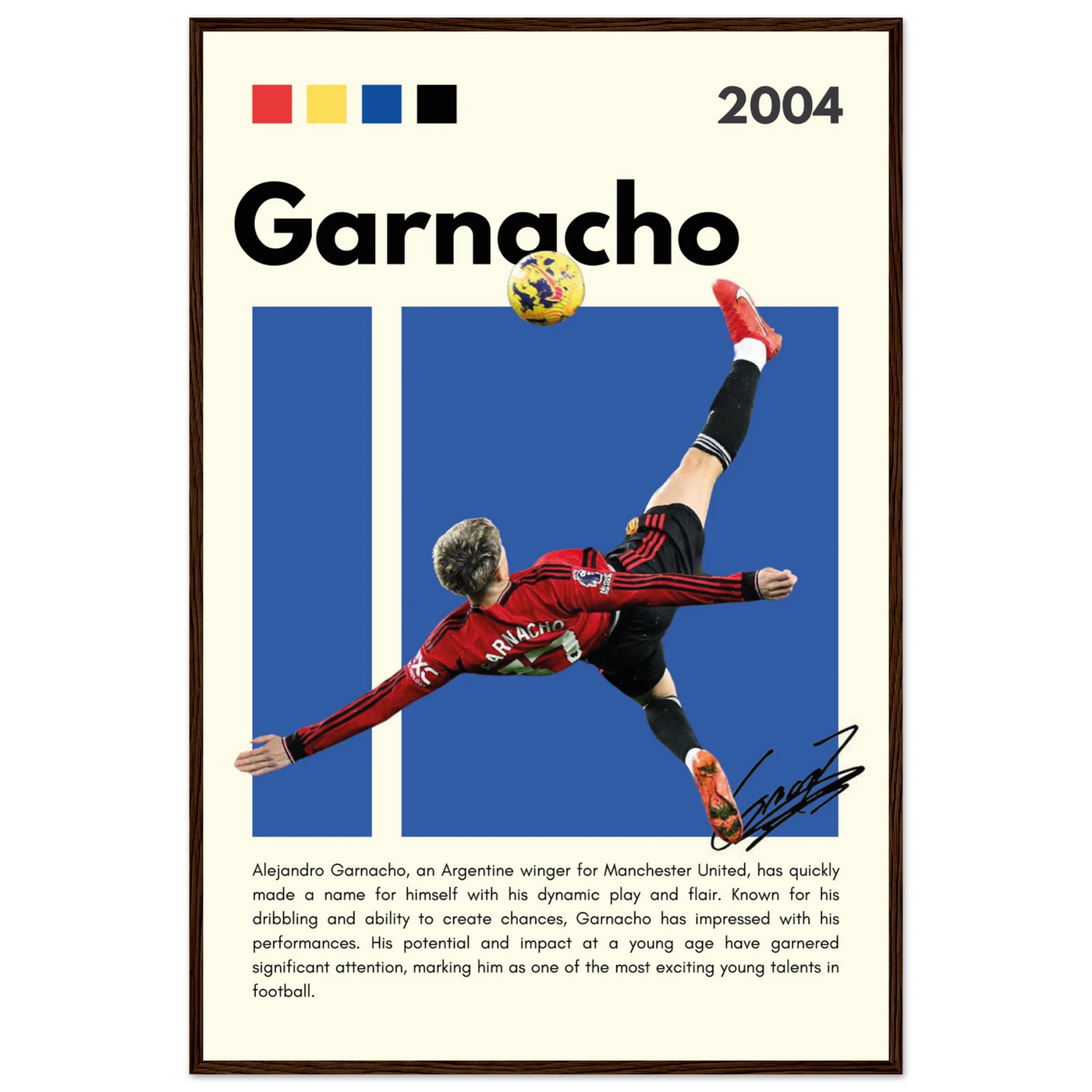 Alejandro Garnacho Manchester United Dynamic Football Poster 60x90 cm 24x36″ Dark wood frame Vibrantwalls