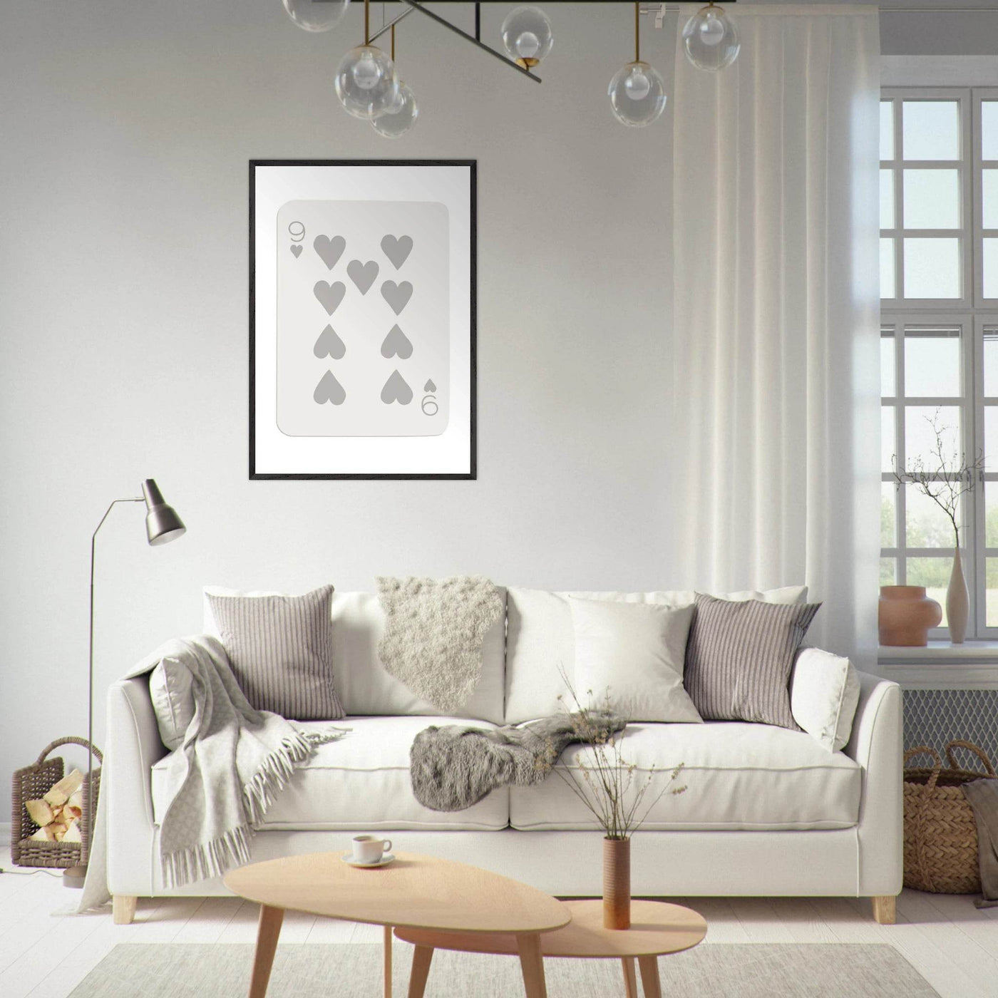 Minimalist Nine of Hearts Poker Card Print - Mounted Framed Wall Art, Eco-Friendly Wood Frame, Neutral Tones - Vibrantwalls