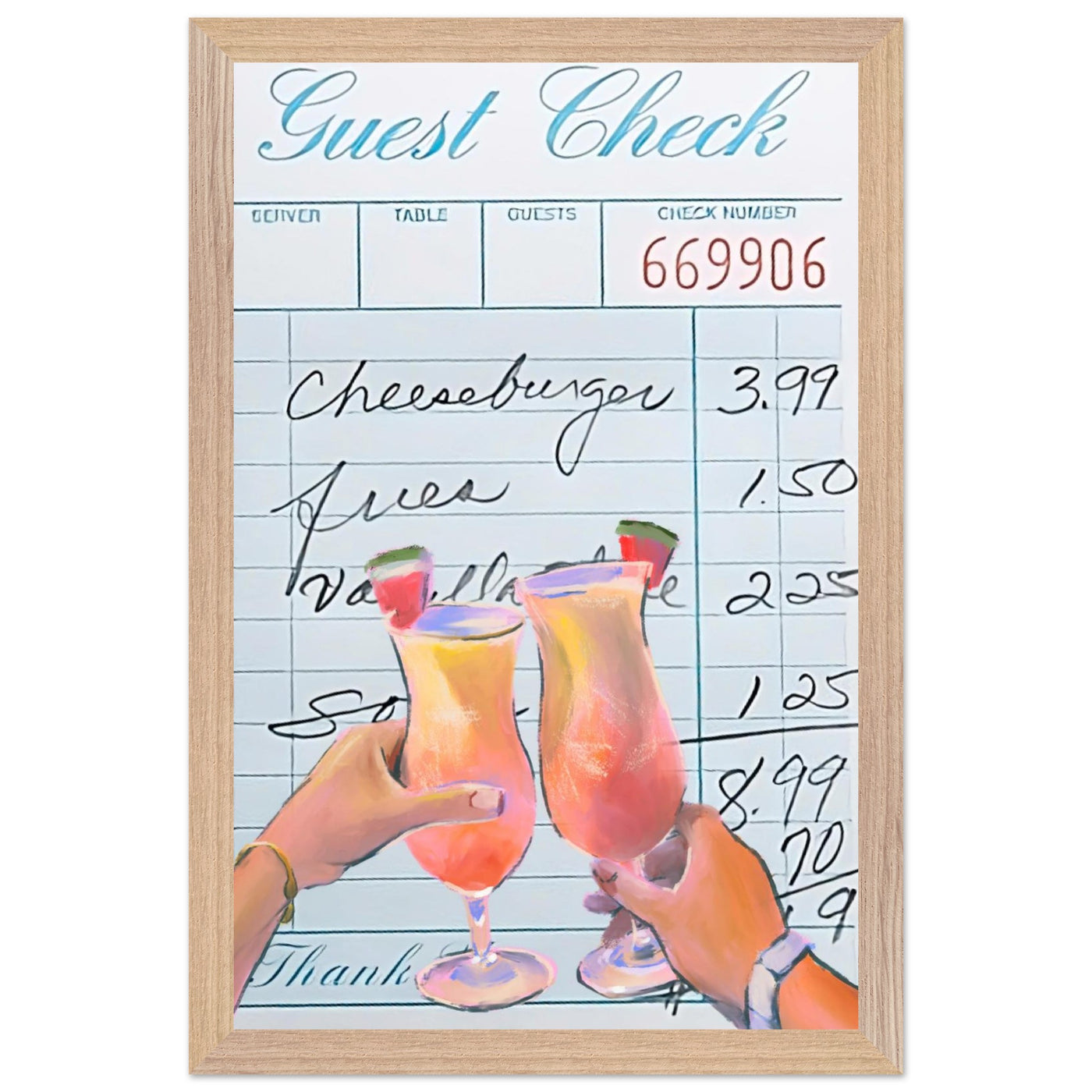 Retro Diner Cocktail "Guest Check" 28x43 cm XL (11x17″) Wood frame Ready-to-hang Vibrantwalls
