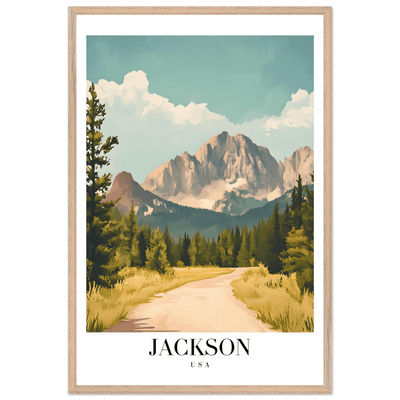 Jackson USA Mountain Landscape Framed Poster – Vintage Travel Wall Art with Wooden Frame - Vibrantwalls