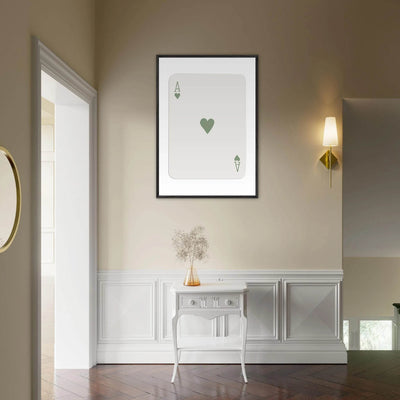 Minimalist Ace of Hearts Print - Eco-Friendly Framed Poster Art, Sage Green Elegance - Vibrantwalls