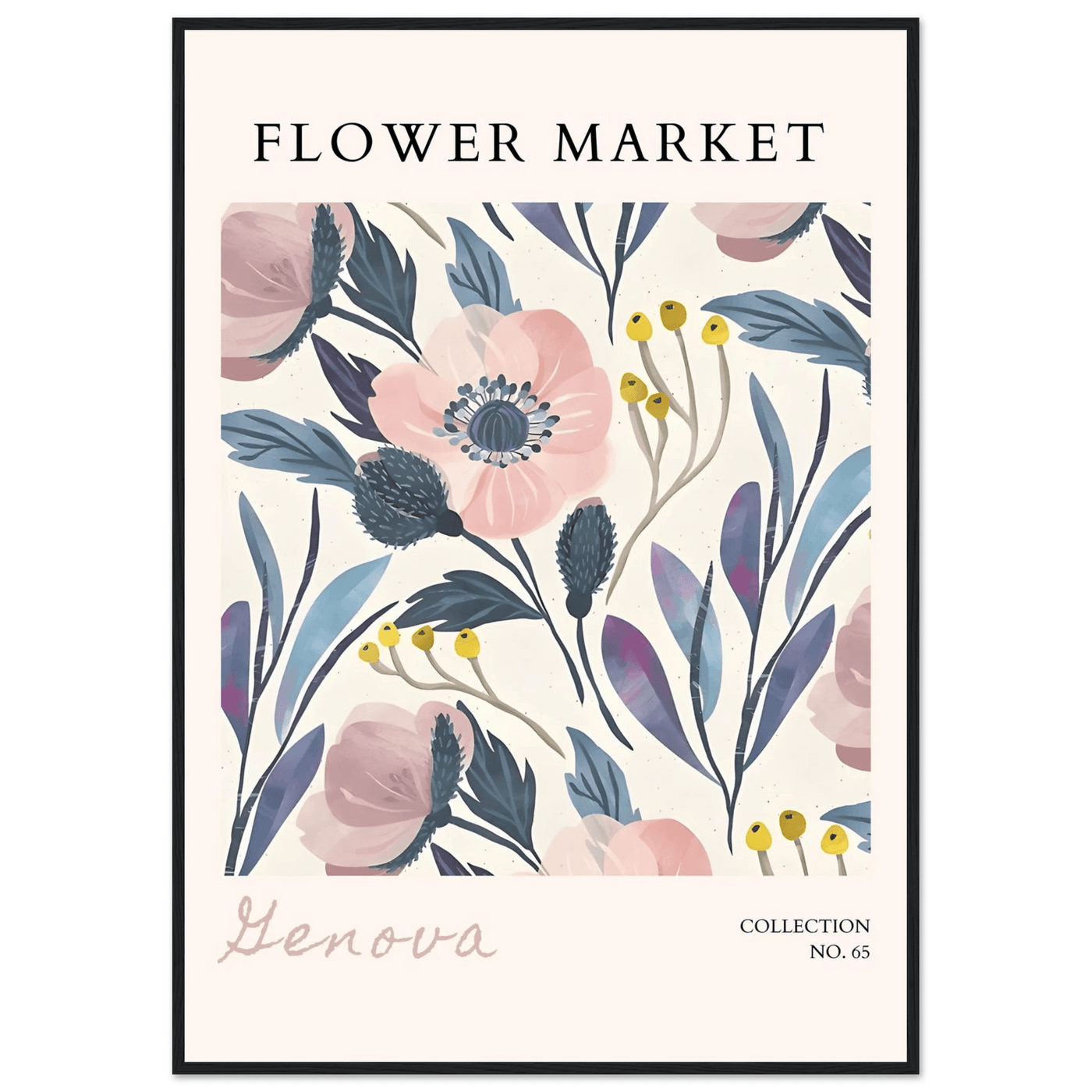 Flower Market 'Genova' Framed Poster – Blush & Indigo Floral Art Print | Ready-to-Hang Botanical Decor - Vibrantwalls