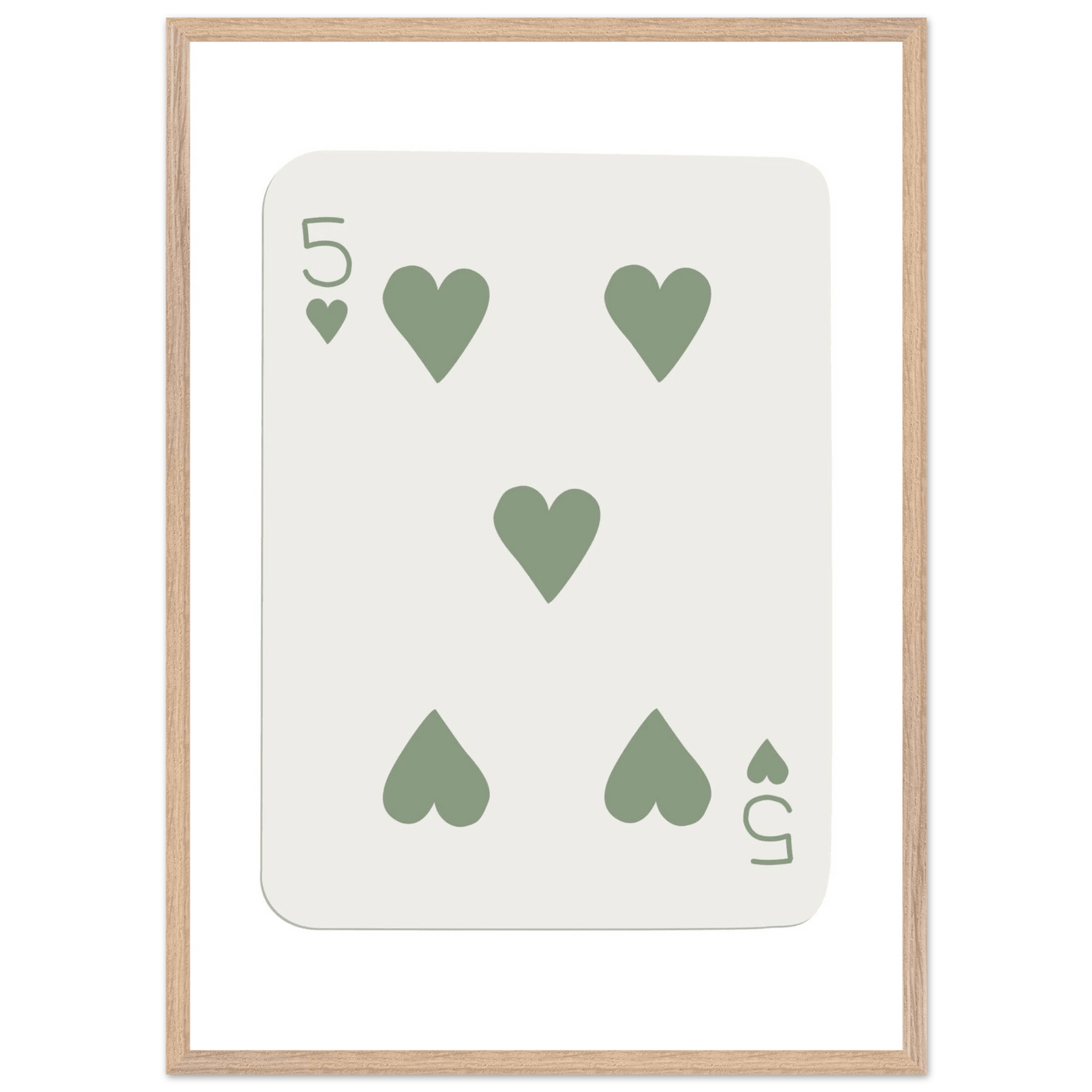 Five of Hearts Poker Card Print - Sage Green Aesthetic Framed Art, Eco-Friendly Wood Frame in Multiple Sizes - Vibrantwalls