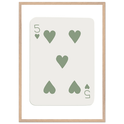 Five of Hearts Poker Card Print - Sage Green Aesthetic Framed Art, Eco-Friendly Wood Frame in Multiple Sizes - Vibrantwalls
