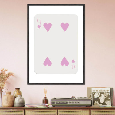 Four of Hearts Pastel Pink - Mounted Framed Poker Card Art, Eco-Friendly Wood Frame in Custom Sizes - Vibrantwalls
