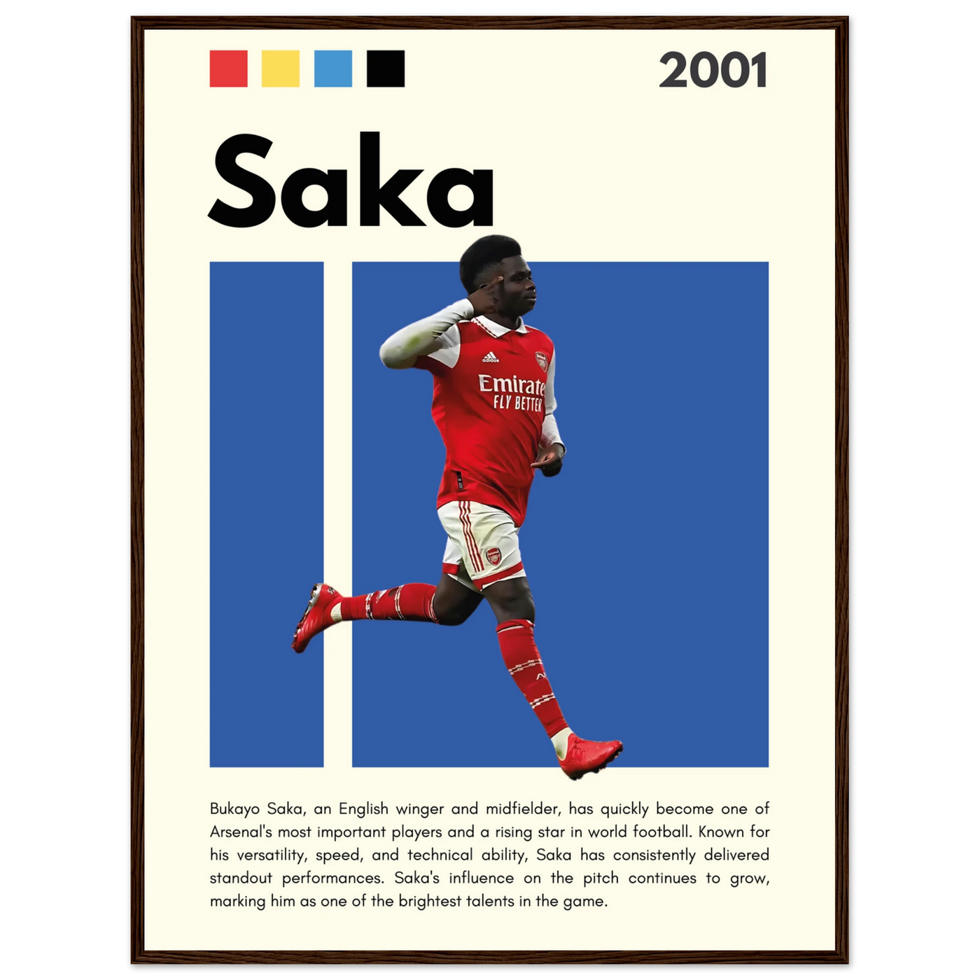 Bukayo Saka Arsenal Framed Poster – Modern Football Art Print for Gooners 60x80 cm 24x32″ Dark wood frame Vibrantwalls