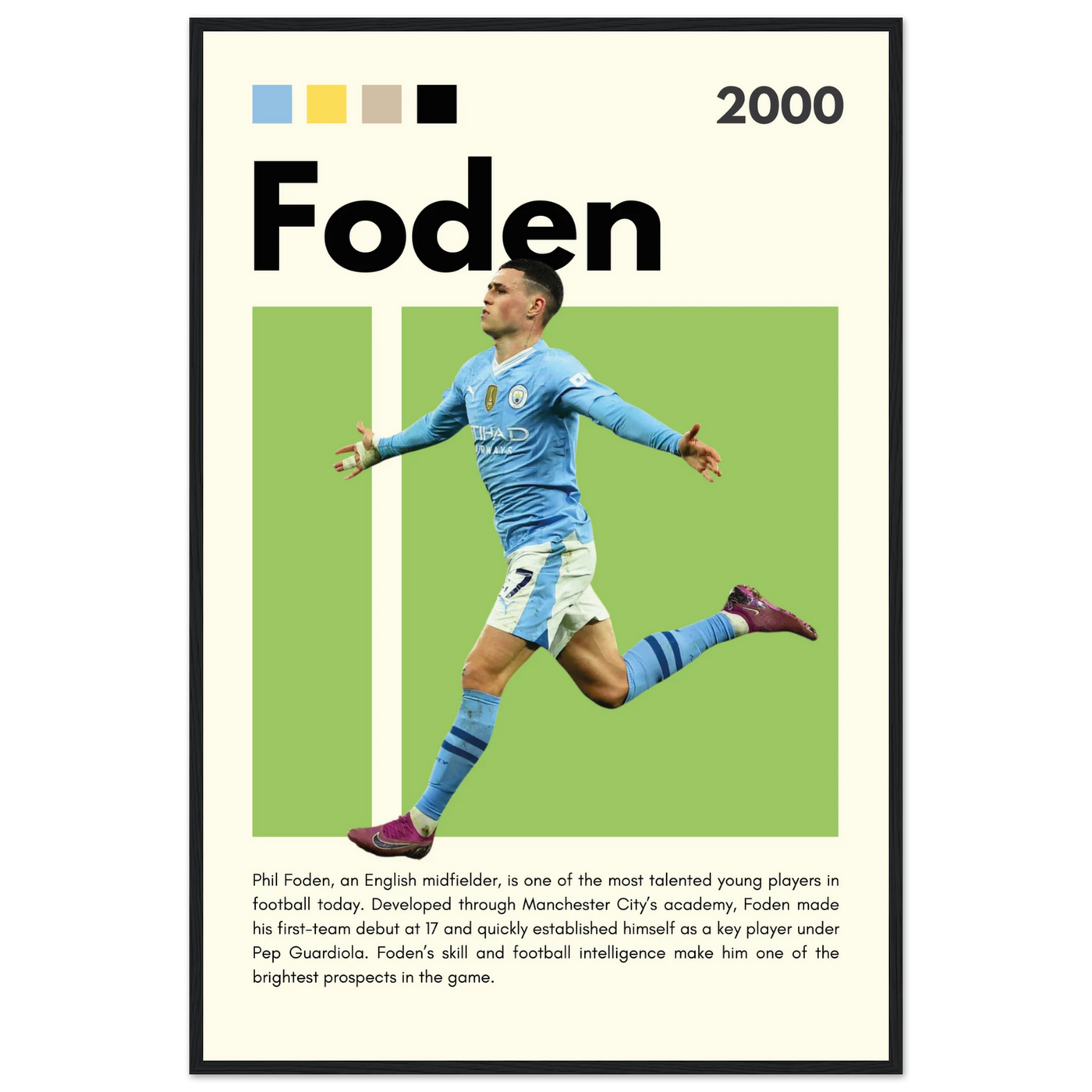 Phil Foden Manchester City Football Legend Poster 60x90 cm 24x36″ Black frame Vibrantwalls