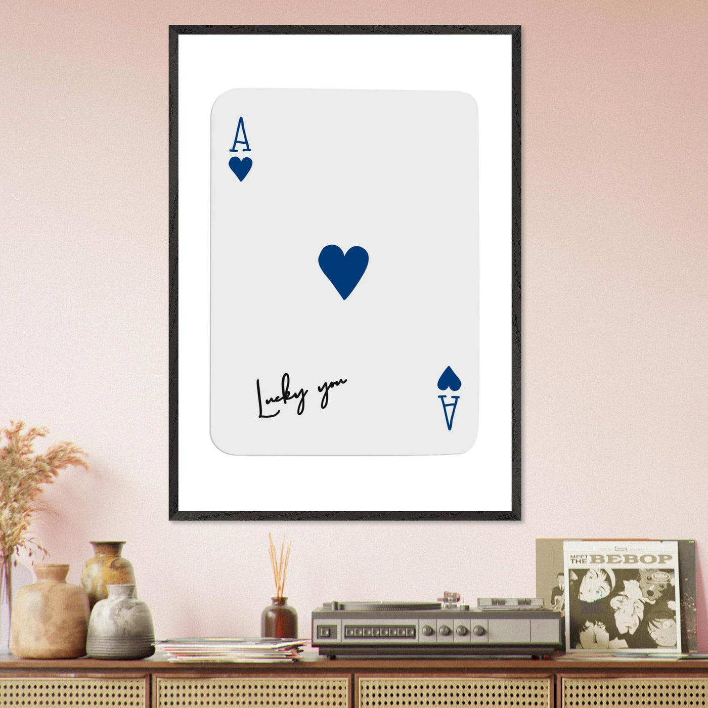 Lucky You Ace of Hearts - Framed Poker Card Art, Minimalist Eclectic Decor, Eco-Friendly Wood Frame - Vibrantwalls