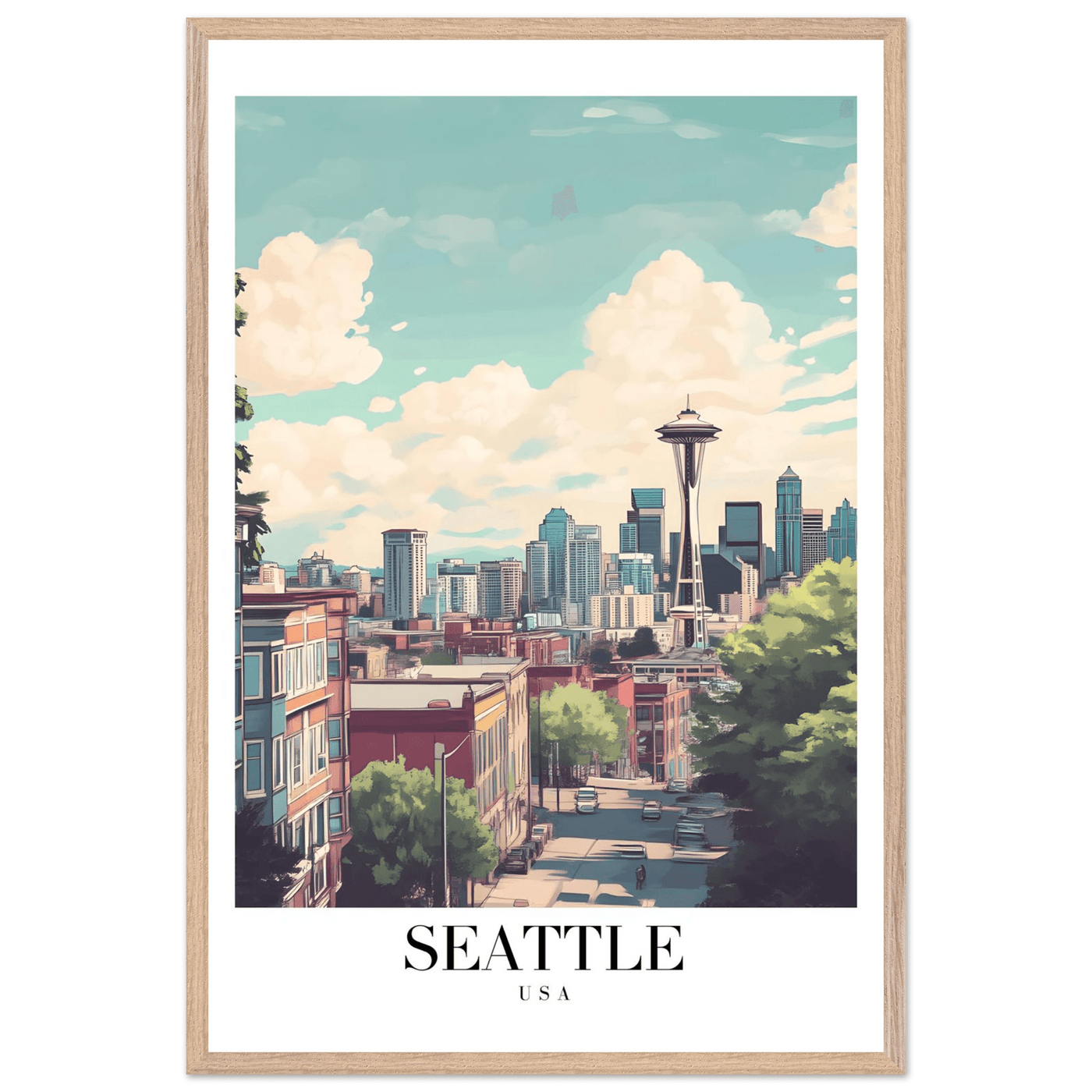 Seattle USA Framed Poster – Charming Watercolor Cityscape Wall Art with Wooden Frame - Vibrantwalls