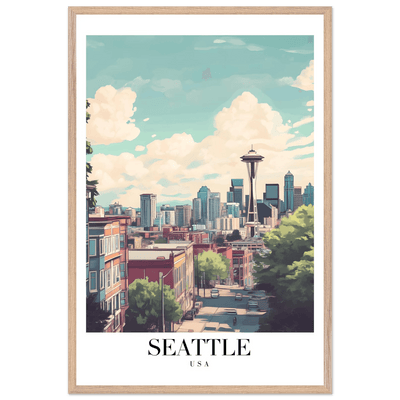 Seattle USA Framed Poster – Charming Watercolor Cityscape Wall Art with Wooden Frame - Vibrantwalls