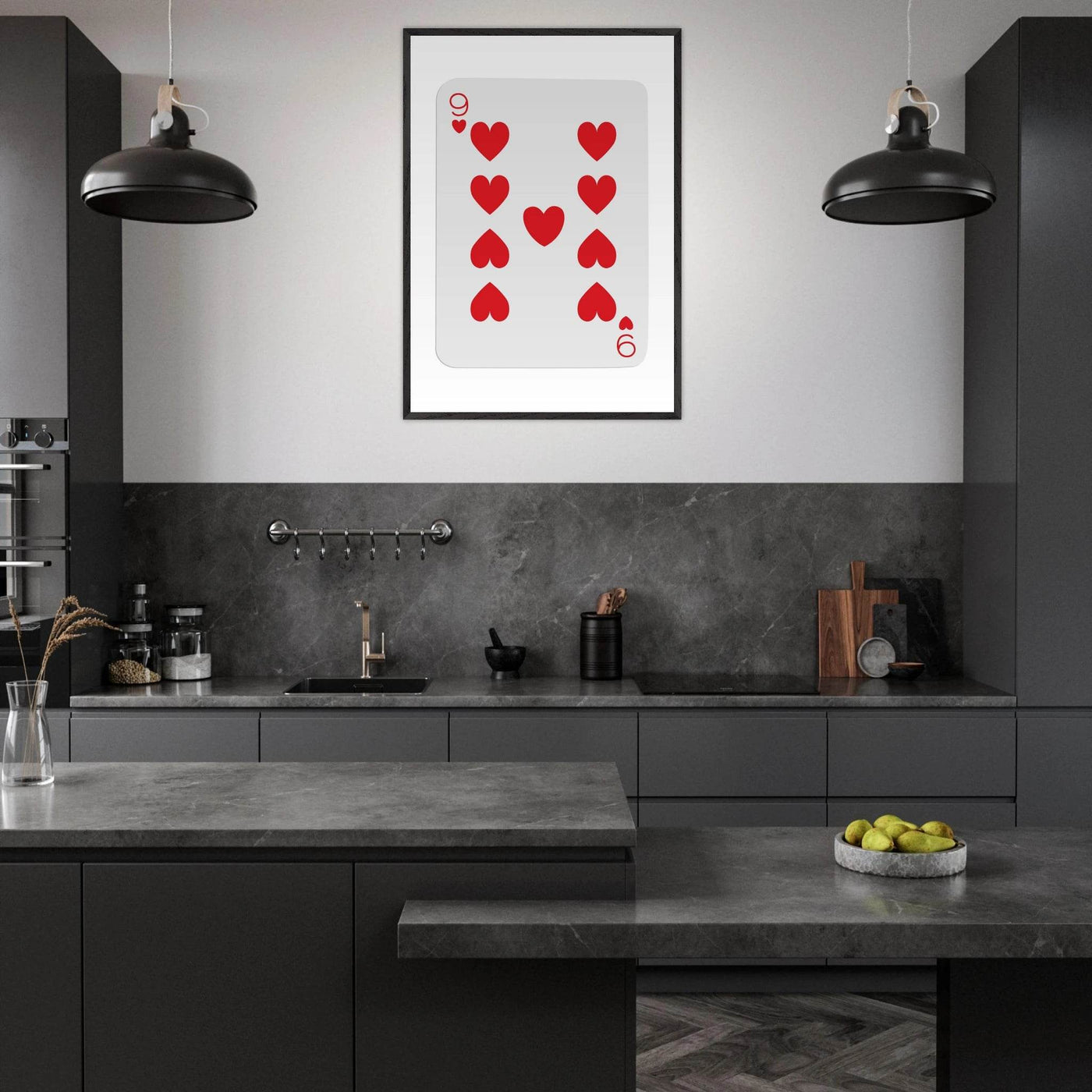 Bold Nine of Hearts Poker Card Print - Eco-Friendly Framed Poster Art in Your Choice of Frame & Size - Vibrantwalls