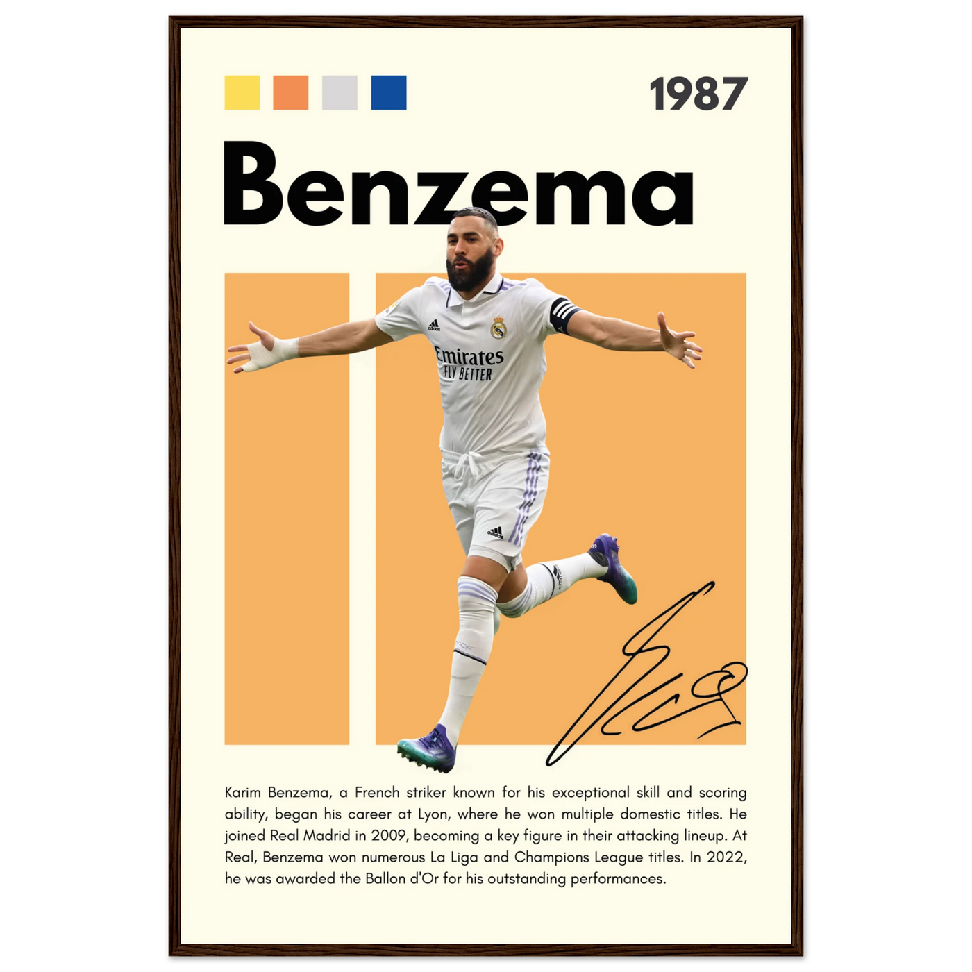 Karim Benzema Real Madrid Soccer Framed Poster – Modern Football Art Print with Signature Detail 60x90 cm 24x36″ Dark wood frame Vibrantwalls