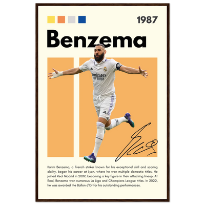 Karim Benzema Real Madrid Soccer Framed Poster – Modern Football Art Print with Signature Detail 60x90 cm 24x36″ Dark wood frame Vibrantwalls