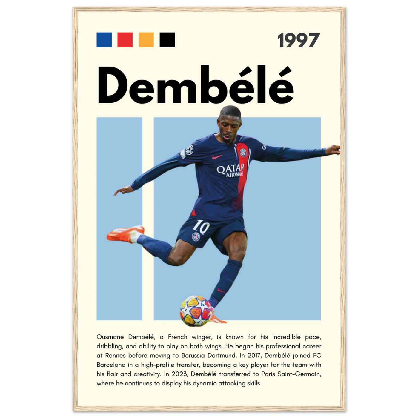 Ousmane Dembélé PSG Soccer Framed Poster – Dynamic Football Art Print in Multiple Sizes & Frame Styles 60x90 cm 24x36″ Wood frame Vibrantwalls