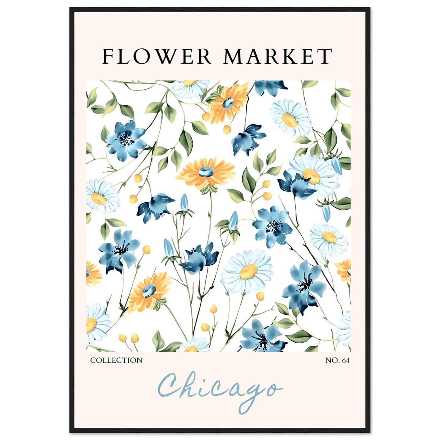 Flower Market Chicago Collection Framed Poster – Whimsical Blue & Yellow Floral Art Print | Ready-to-Hang - Vibrantwalls
