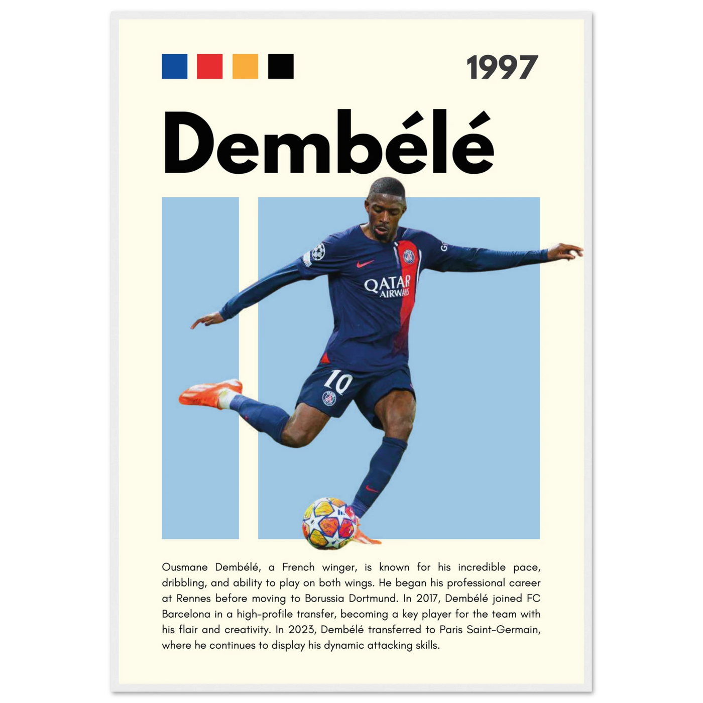Ousmane Dembélé PSG Soccer Framed Poster – Dynamic Football Art Print in Multiple Sizes & Frame Styles 70x100 cm 28x40″ White frame Vibrantwalls
