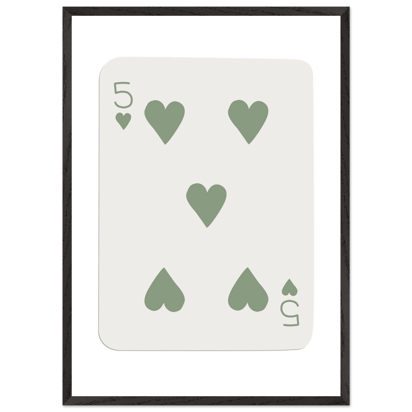 Five of Hearts Poker Card Print - Sage Green Aesthetic Framed Art, Eco-Friendly Wood Frame in Multiple Sizes - Vibrantwalls