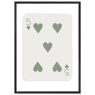 Five of Hearts Poker Card Print - Sage Green Aesthetic Framed Art, Eco-Friendly Wood Frame in Multiple Sizes - Vibrantwalls