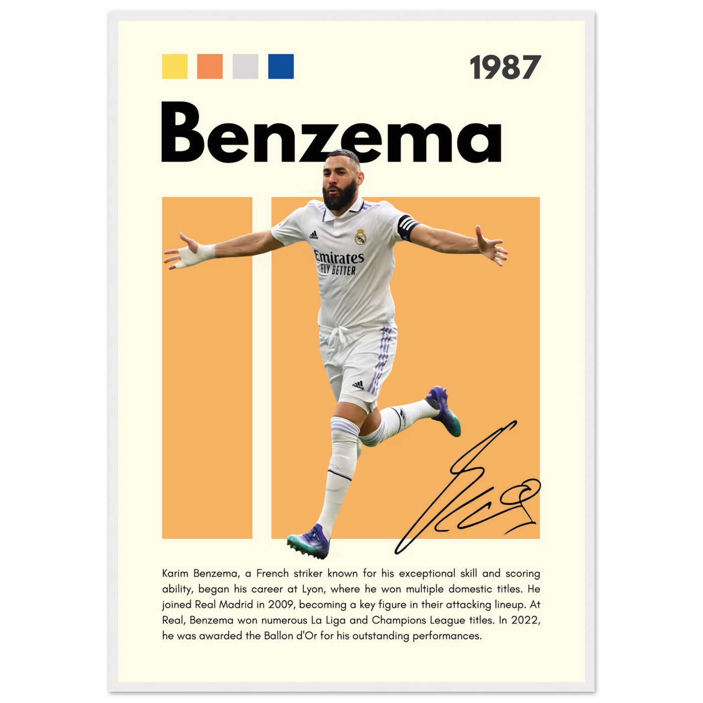 Karim Benzema Real Madrid Soccer Framed Poster – Modern Football Art Print with Signature Detail A1 (59.4 x 84.1 cm) White frame Vibrantwalls