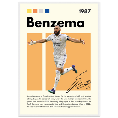 Karim Benzema Real Madrid Soccer Framed Poster – Modern Football Art Print with Signature Detail A1 (59.4 x 84.1 cm) White frame Vibrantwalls
