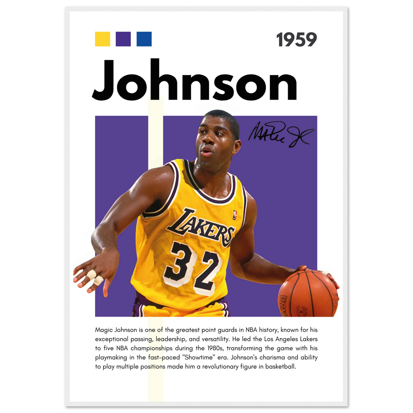 Magic Johnson Showtime Lakers Vintage Art Print 70x100 cm 28x40″ White frame Vibrantwalls