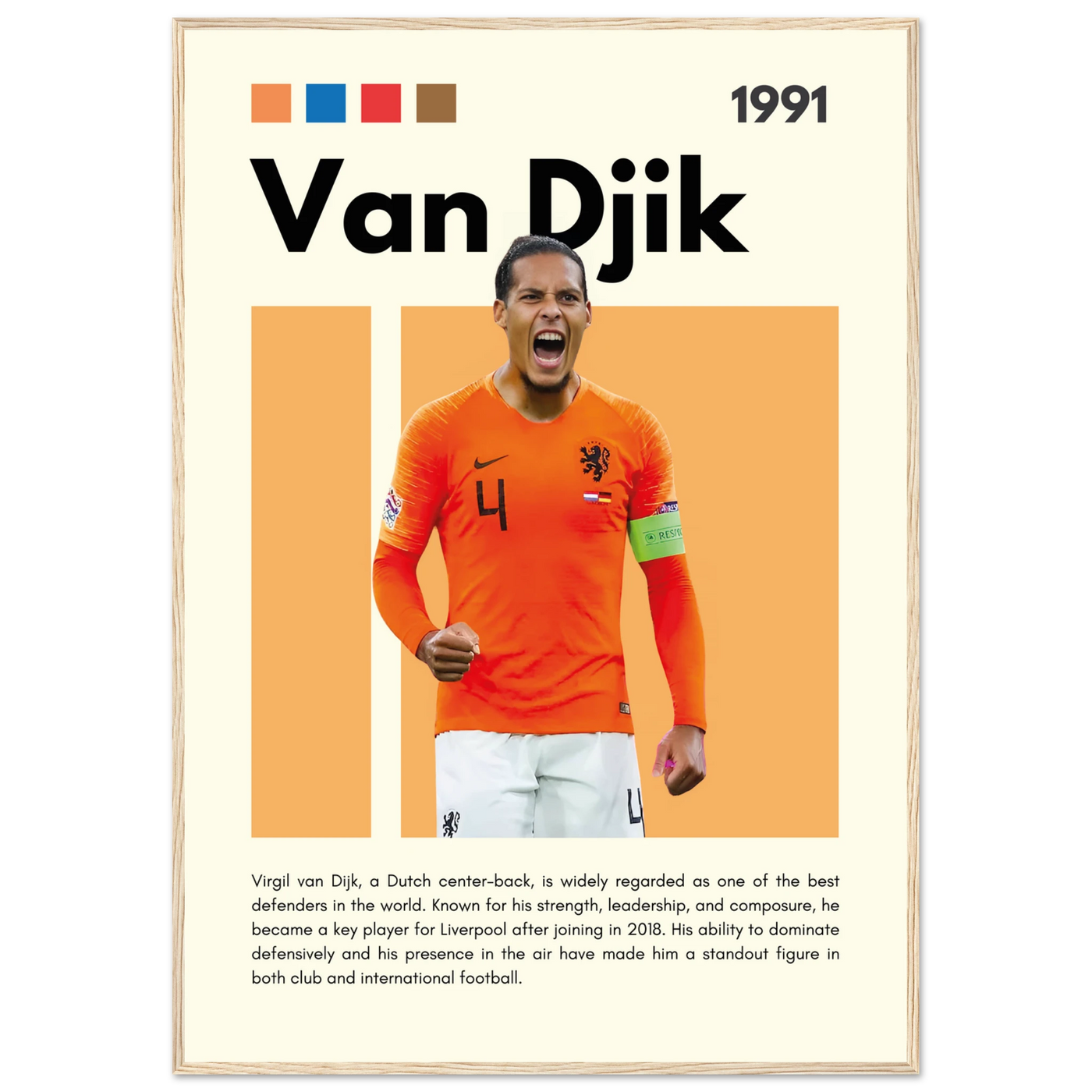 Virgil van Dijk Liverpool/Netherlands Football Framed Poster - Orange & Dynamic Sports Art Print 70x100 cm 28x40″ Wood frame Vibrantwalls