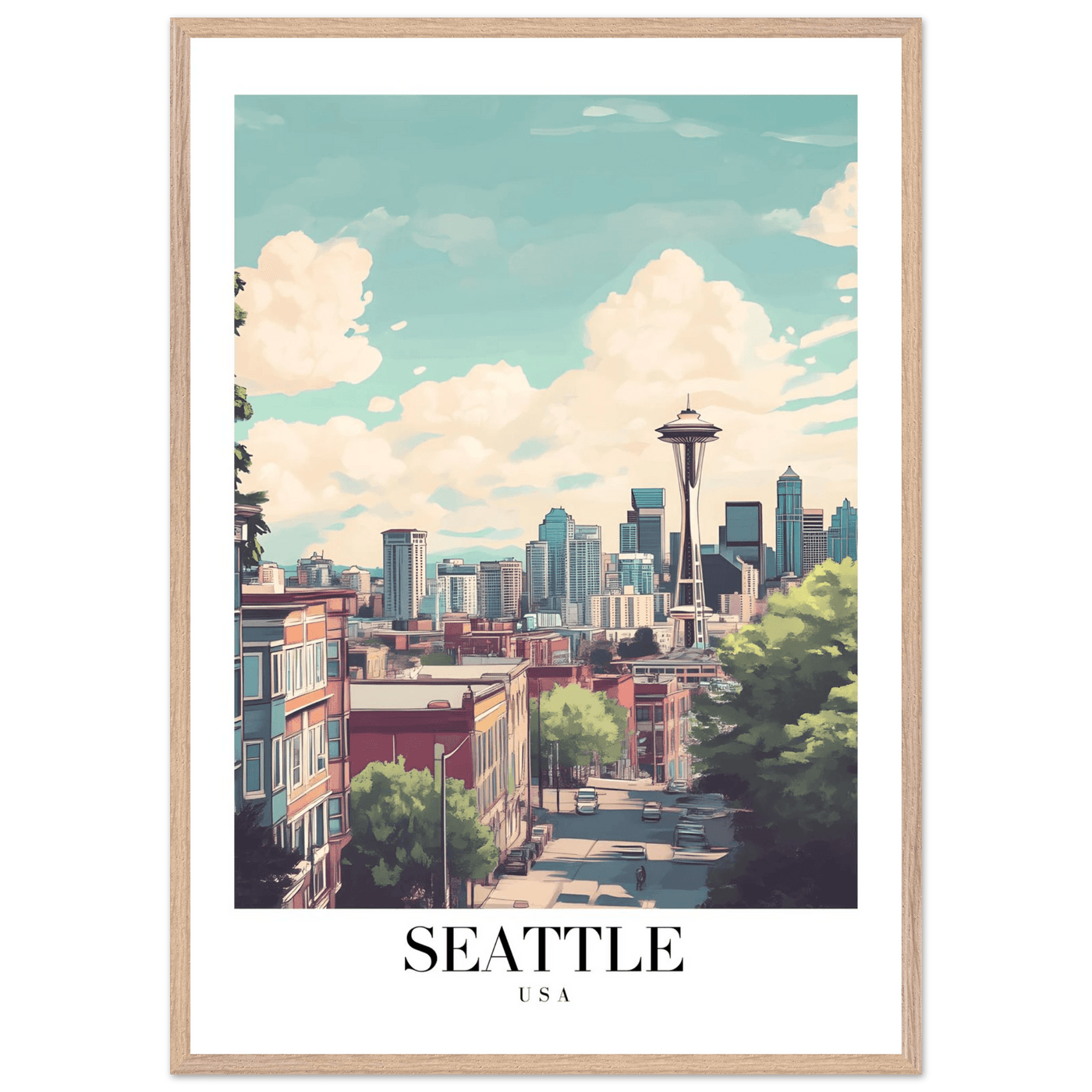 Seattle USA Framed Poster – Charming Watercolor Cityscape Wall Art with Wooden Frame - Vibrantwalls