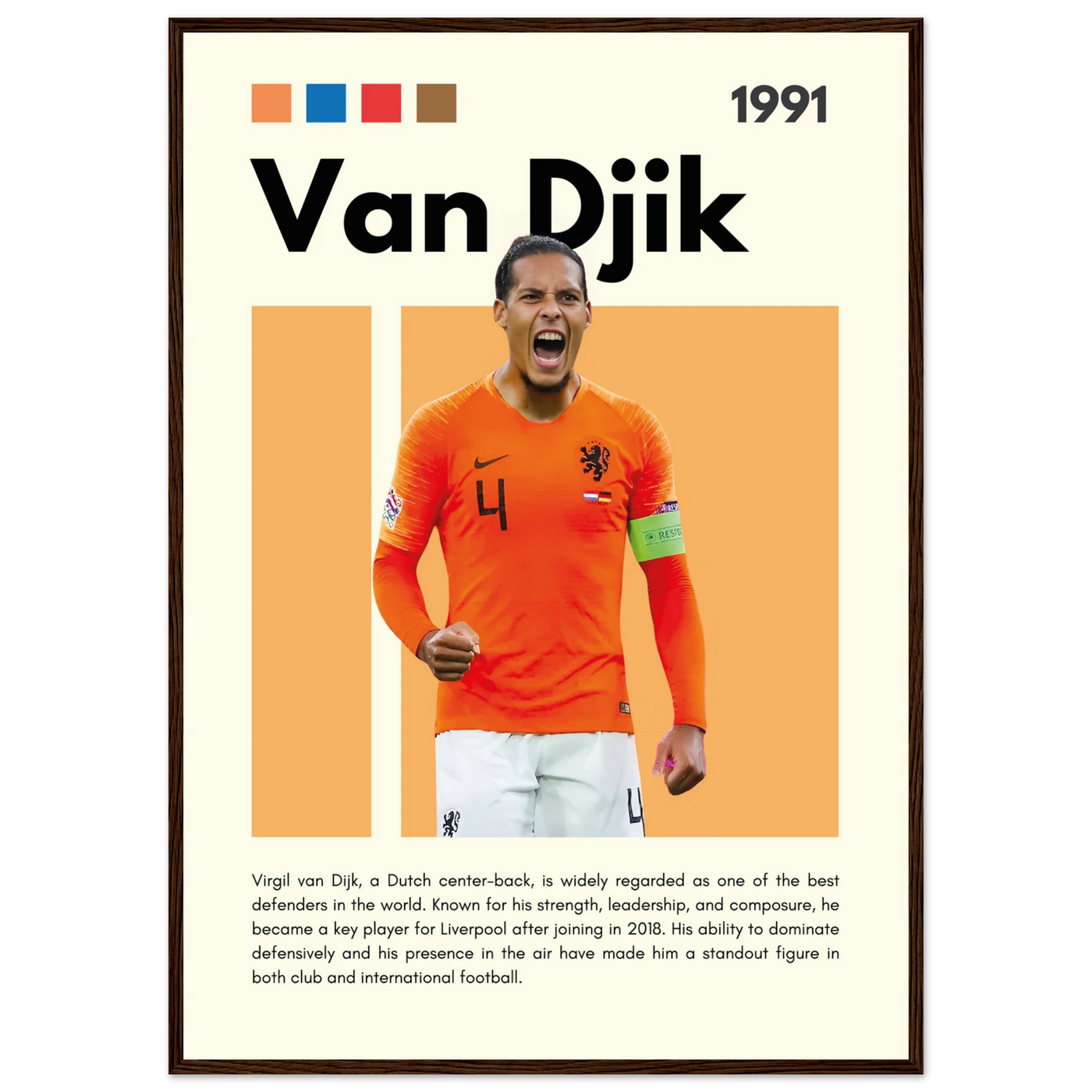 Virgil van Dijk Liverpool/Netherlands Football Framed Poster - Orange & Dynamic Sports Art Print A1 (59.4 x 84.1 cm) Dark wood frame Vibrantwalls