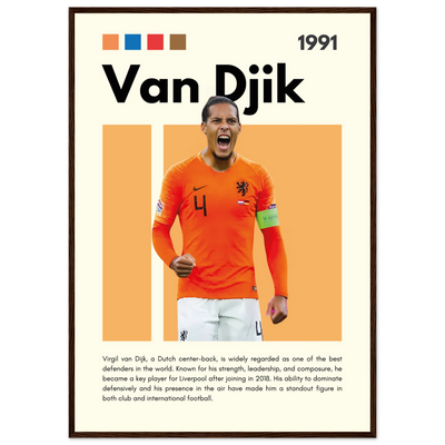 Virgil van Dijk Liverpool/Netherlands Football Framed Poster - Orange & Dynamic Sports Art Print A1 (59.4 x 84.1 cm) Dark wood frame Vibrantwalls